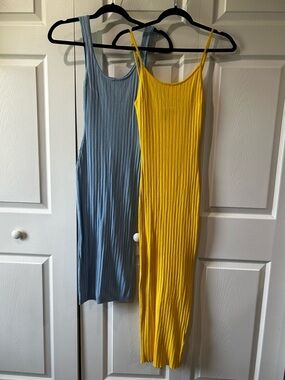 Windsor Bundle 2 Ribbed Midi Maxi Spring Summer Slip Dress - Blue & Yellow